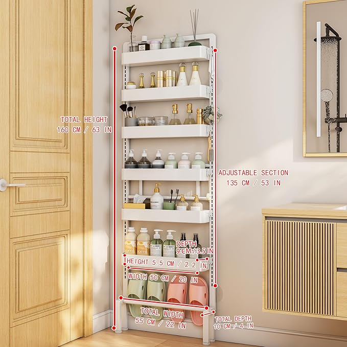 ABCOOL Behind Door Storage Organizer Rack, 6 Tier Adjustable Hanging Baskets Free Standing Thin Metal Space Savers Room Storage Organizers, Back of Door Heavy Duty Storage