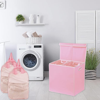 Simple Houseware Double Laundry Hamper with Lid and Removable Bags, Pink