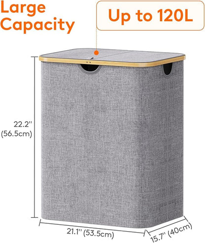 Lifewit 120L Laundry Basket with Lid, Clothes Hampers for Laundry with Bamboo Handles and 1 Removable Bag, Large Foldable Laundry Hamper for Bedroom, Bathroom, Dorm, Laundry Room, Light Gray
