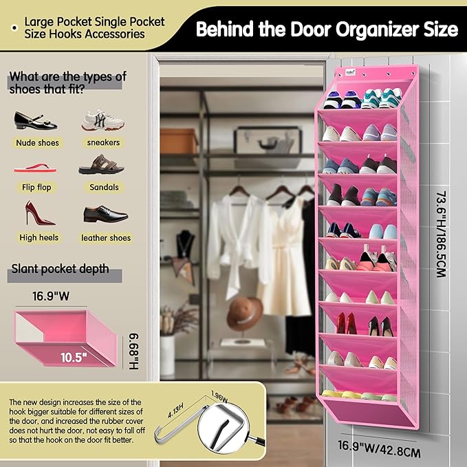 Kotkn 10 Tier Over The Door Organizer - Heavy Duty Hanging Storage Rack with Sturdy Oxford Fabric, Holds 20+ Pairs of Footwear, Boots & Sneakers, Saves 50% Closet Space! (Pink)
