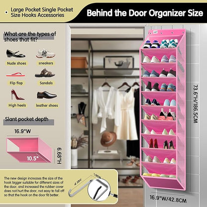 Kotkn 10 Tier Over The Door Organizer - Heavy Duty Hanging Storage Rack with Sturdy Oxford Fabric, Holds 20+ Pairs of Footwear, Boots & Sneakers, Saves 50% Closet Space! (Pink)