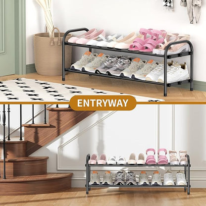 Hleelomi 2-Tier Expandable Shoe Rack for Entryway，Adjustable Metal Shoe Organizer for Closet,Living Room,Dorm,Black