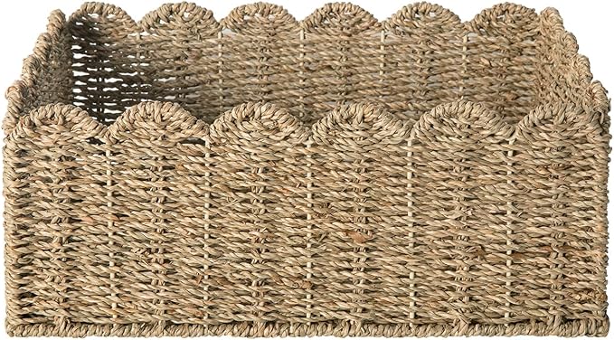 Scalloped Basket, Wicker Storage Baskets, Hand Woven Baskets for Shelves,Natural Baskets for Organizing (Seagrass&M-14" L x 10.5" W x 6" H)
