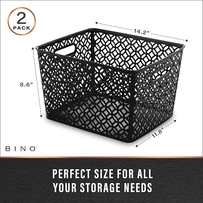 BINO l Plastic Storage Baskets, XLarge - Black | THE BLOSSOM COLLECTION l Multi-Use Organizer Bin l Built-in Handles l Plastic Woven Basket for Organizing l Pantry & Home Organizing Basket