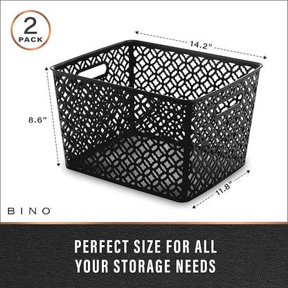 BINO l Plastic Storage Baskets, XLarge - Black | THE BLOSSOM COLLECTION l Multi-Use Organizer Bin l Built-in Handles l Plastic Woven Basket for Organizing l Pantry & Home Organizing Basket