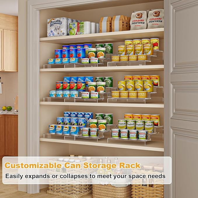 Adjustable Acrylic Can Rack Organizer for Pantry, 3 Tier Expandable Canned Storage Holder, Soda Can Dispenser Shelf Holds Up to 24 Cans, Clear Canned Display for Cabinet & Countertop (Patent Pending)