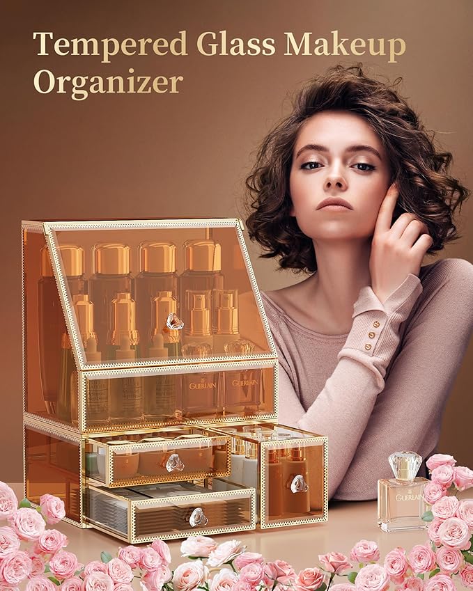 CoralHouse Makeup Organizer Countertop,Amber Makeup Organizer with Drawer, Skincare Holder for Bathroom Countertop,Cosmetic Display Case for Dresser