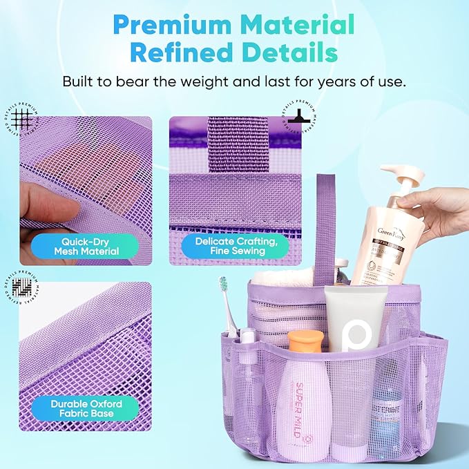 EUDELE Mesh Shower Caddy Portable for College Dorm Room Essentials,Portable Shower Caddy Dorm with 8-Pocket Large Capacity, Shower Bag for Beach, Swimming, Gym, Travel essentials, Purple
