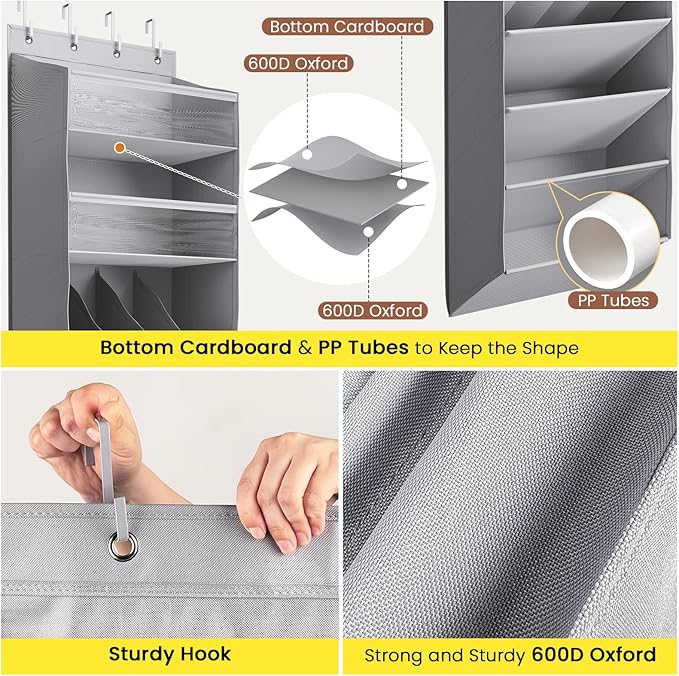 Mefirt 16-20 Pairs Over the Door Shoe Organizer, Clear Pockets Shoe Rack for Closet Door, Hanging Shoe Rack for Boots, Behind the Door Shoe Holder Fit All the Family's Sneakers, Boots, Heels, Grey