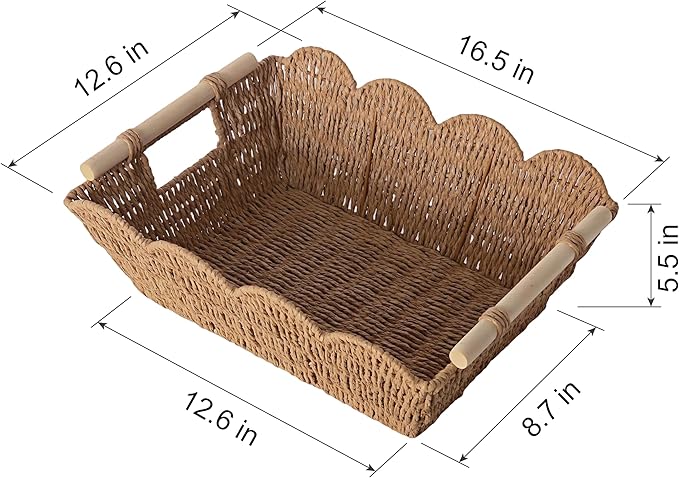 Scalloped Basket with Wooden Handle, Water Hyacinth/Seagrass/Wicker Storage Baskets, Hand Woven Baskets for Shelves,Natural Baskets for Organizing (2)