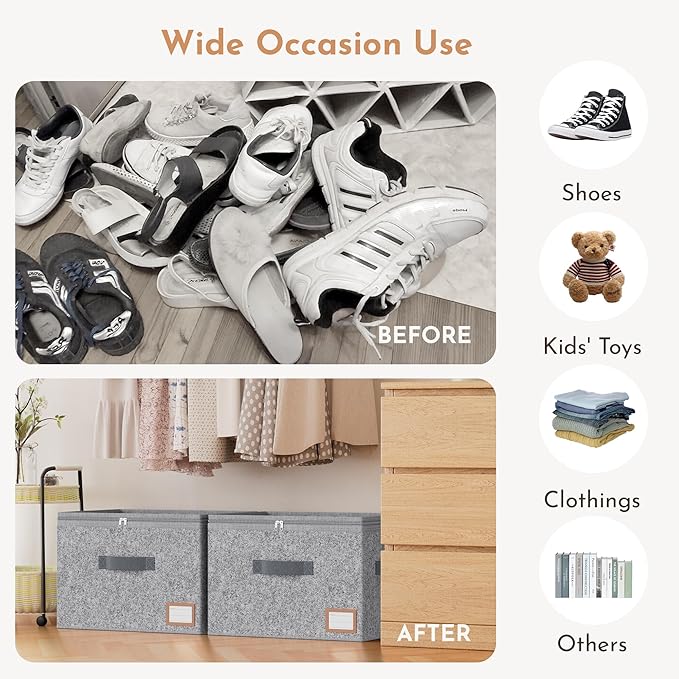 Adjustable Storage Bins for Closet, Wardrobe Clothes Organizer, Shoe Bin, Shoe Organizer, Toys, Closet Storage Solution with Clear Window (Felt Grey 32Pairs, 32Pairs)