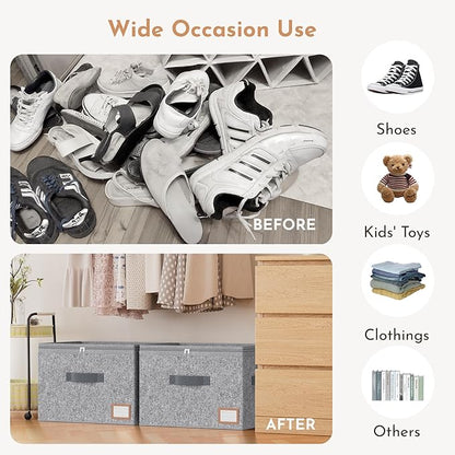 Adjustable Storage Bins for Closet, Wardrobe Clothes Organizer, Shoe Bin, Shoe Organizer, Toys, Closet Storage Solution with Clear Window (Felt Grey 32Pairs, 32Pairs)