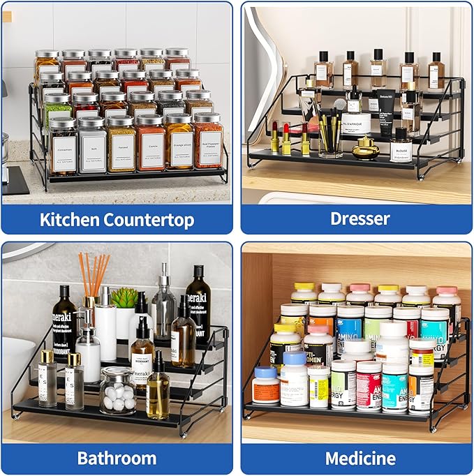 BOIVSHI 4 Tier Spice Rack for Cabinet, Spice Rack Organizer, Depth Adjustable Spice Holder for Countertop, Cupboard, Pantry, Seasoning Shelf, Metal, Black (1 Pack)