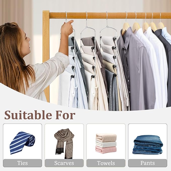 SINDAX Pants Hangers Space Saving - 6Pack, 5 Layers Space Saving Hangers, Sturdy Stainless Steel Pant Rack with Anti-Slip Swing Arm, Closet Organizers and Storage for Trousers Jeans