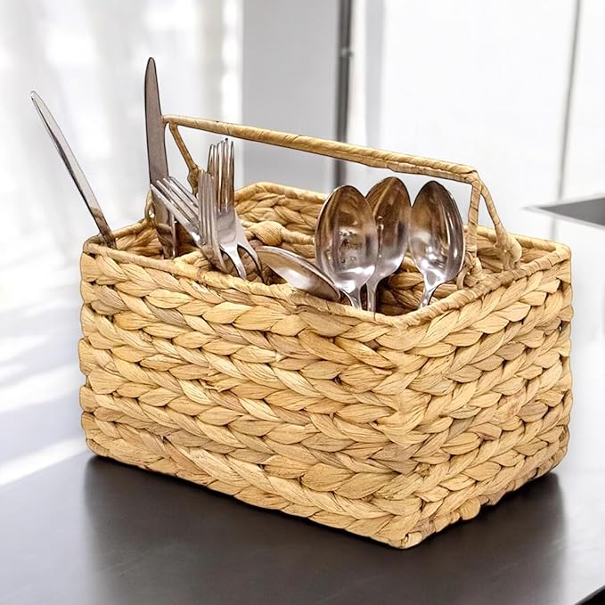 Large Wicker Utensil Caddy Carrier | Water hyacinth Woven Condiment Holder for Table - Kitchen Set Counter Top Organizer - Rustic Small Storage for Dinner Set, Wine