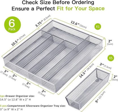 Neudeco Drawer Organizer Set 6 Pack - 5-Compartment Silverware Organizer Tray + 5 Utensil Trays, Kitchen Drawer Organizer for Flatware, Cutlery, Office Supplies, Silver Mesh, Non-Slip