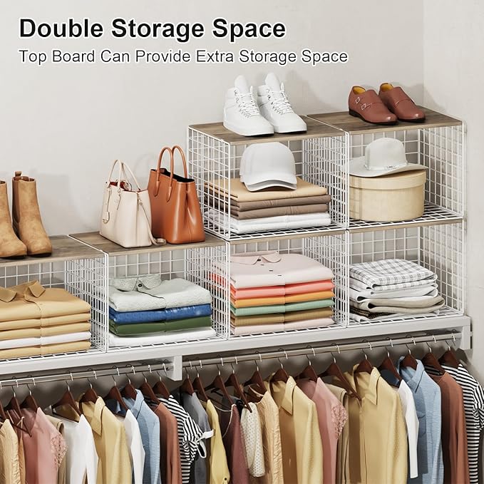 Closet Organizers And Storage Shelf, 3Pack Stackable Closet Storage Bin Basket For Clothes Sweaters With Top Board, Widened Opening, Heightened Height, Large Capacity Sturdy Clothing Storage Organizer