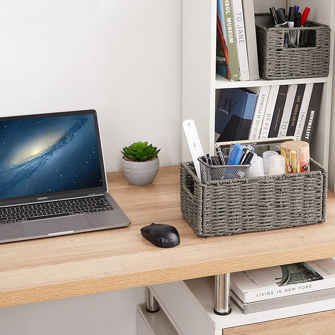 Vagusicc Wicker Storage Basket, Set of 2 Hand-Woven Paper Rope Wicker Basket, Small Storage Baskets for Organizing Toilet Paper Basket, Foldable Large Cube Storage Organizer Bins for Shelves (Grey)