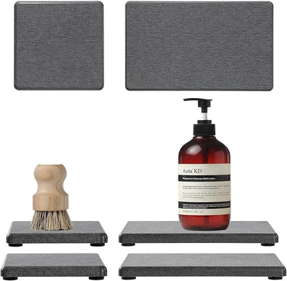 4PCS Water Absorbing Sponge Holder Diatomite Stone Sink Tray Mat, Quick Drying Kitchen & Bathroom Counter Tray Vanity Caddy, Diatomaceous Earth Dish Soap Dispenser Organizer, Dark Gray
