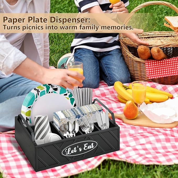 Paper Plate Dispenser, Wood Paper Plate Holder with Handle for Kitchen Counter, Silverware Caddy for Cups, Spoons, Forks, Plates, Napkins, Utensil Holder for Party Camping Buffet (Black)