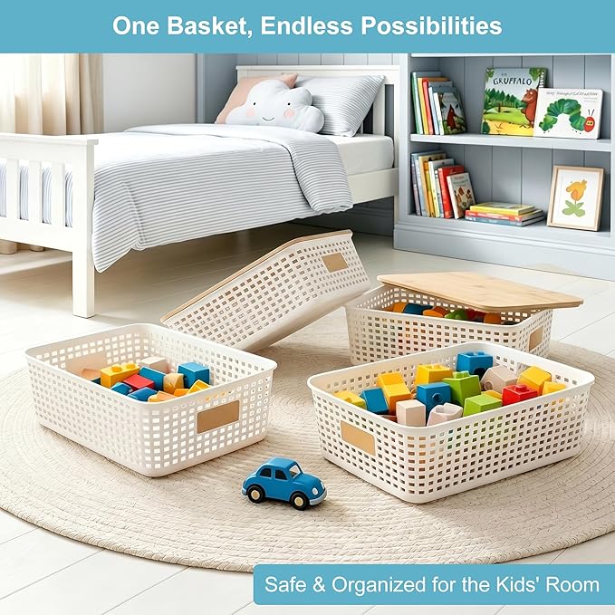 Bagnizer 4 Pack Plastic Storage Bins with Bamboo Lids, 6.2qt Stackable Storage Organizer Box with Lable for Pantry Shelves Drawers Desktop Office, 12"L x 8.3"W x 3.5"H, Cream White