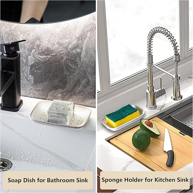 Gomakren Soap Dish for Shower, Ceramic Bar Soap Holder with Honeycomb Design, Soap Saver Tray for Bathroom Kitchen Sink, Sponge & Organizer Tray, Upscale Look, 5.5 Inch, Beige