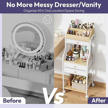 SWTYMIKI Rolling Makeup Organizer Cart - Floor Skincare Storage with Non-woven Drawers, Vanity Organizer Cosmetic Display Cases with Wheels, Cabinet for Skin Care Perfume Nail Polish Brush Hair Tool
