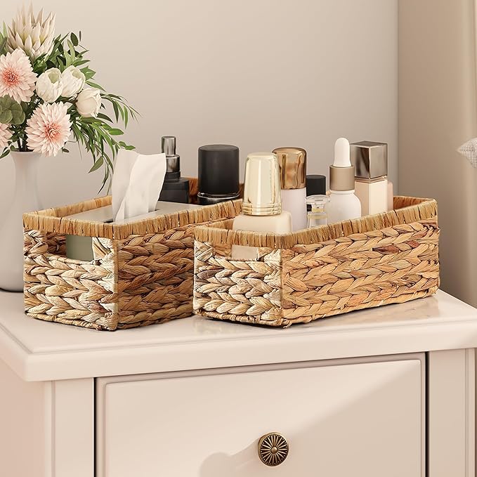 Vagusicc Wicker Storage Basket, Set of 2 Hand-Woven Water Hyacinth Wicker Baskets for Organizing Decor Storage Bins for Counter Shelves Pantry Basket Small Toilet Paper Basket for Toilet Tank Top