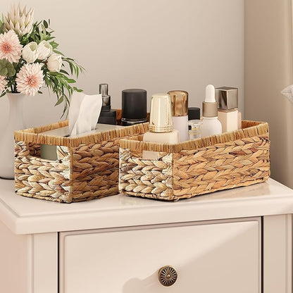 Vagusicc Wicker Storage Basket, Set of 2 Hand-Woven Water Hyacinth Wicker Baskets for Organizing Decor Storage Bins for Counter Shelves Pantry Basket Small Toilet Paper Basket for Toilet Tank Top