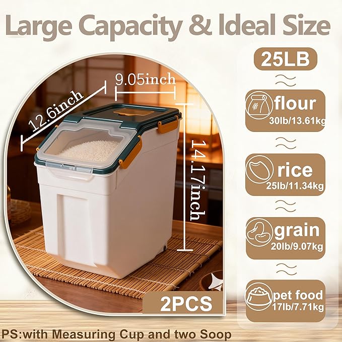 RUIAN 2Pcs Large Flour Storage Container Bin 25Lb Airtight Rice Storage Containers with Wheels Seal Locking Lid, BPA Free with Measuring Cup&Scoop for Flour, Rice, Grain 50LB Total(Blue)