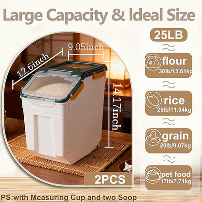 RUIAN 2Pcs Large Flour Storage Container Bin 25Lb Airtight Rice Storage Containers with Wheels Seal Locking Lid, BPA Free with Measuring Cup&Scoop for Flour, Rice, Grain 50LB Total(Blue)