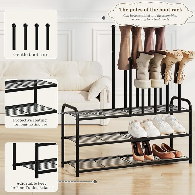 Kitsanery Shoe Rack - 3-Tier Metal Boot Rack Organizer for Entryway, Closet & Garage, Free Standing Shoe Shelf for Storage Tall Boots, Sneakers, Cowboy Boots, Black (Large - 8 Pairs)