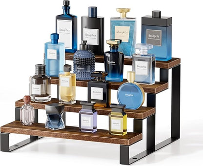 Boulphia Cologne Organizer for Men, 12 Inch Wood Cologne Stand 4 Tier Perfume Organizer for Dresser, Versatile Step Display Stand Shelf for Fragrance, Skincare, Figurine, Dessert, 1 Set Brown