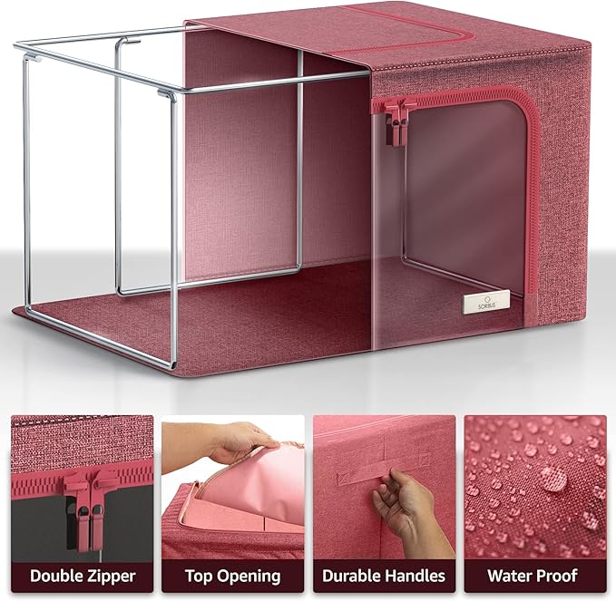 Sorbus Storage Bins with Metal Frame - Stackable & Foldable Clothes Organizer Bags - Oxford Fabric Storage Containers with Large Clear Window & Carry Handles Organization for Bedding Linen & Clothing