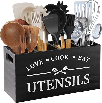 Extra Large Utensil Holder for Kitchen Counter with 4 Compartments, Kitchen Cooking Utensils Holder for Countertop,Black Wooden Utensil Caddy for Farmhouse Spatula,Cutlery,Wood Wall Mounted Organizer