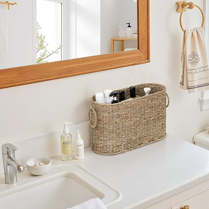 StorageWorks Toilet Paper Storage, Toilet Paper Storage Holder for 6 Regular Rolls, Wicker Basket for Bathroom, Natural Seagrass