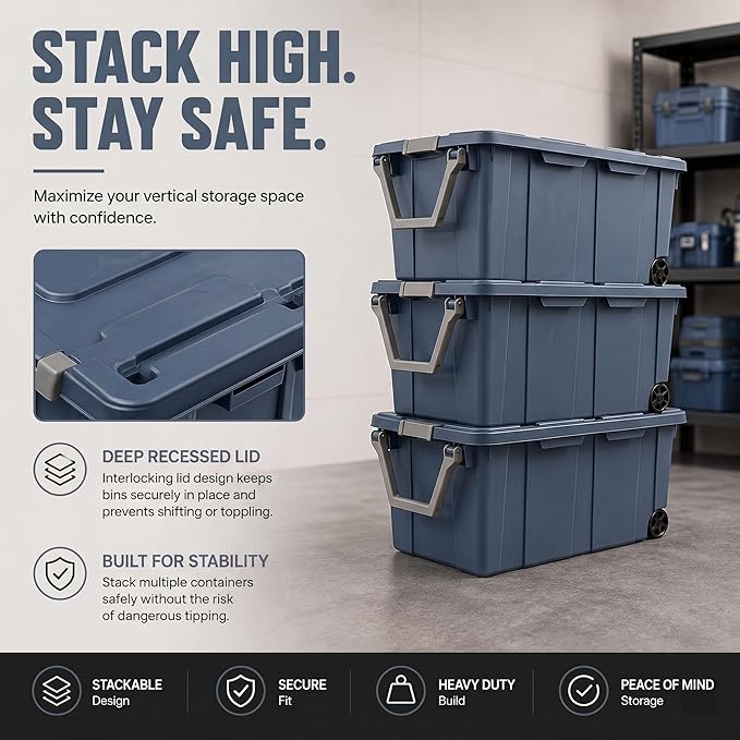 Extra Large 40 Gallon Wheeled Industrial Storage Bins, Heavy Duty Plastic Stackable Totes with Latch Lids and Pull Handle for Garage, Basement, and Moving, Blue, 2 Pack