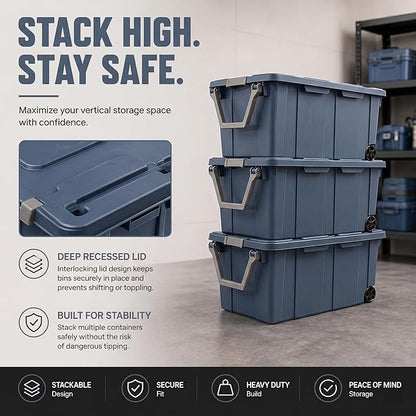 Extra Large 40 Gallon Wheeled Industrial Storage Bins, Heavy Duty Plastic Stackable Totes with Latch Lids and Pull Handle for Garage, Basement, and Moving, Blue, 2 Pack