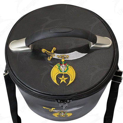 Premium Masonic Shriner Fez Hat Case Black Leather – Dual Emblems Front & Top (Machine Embroidery) with Shoulder Strap