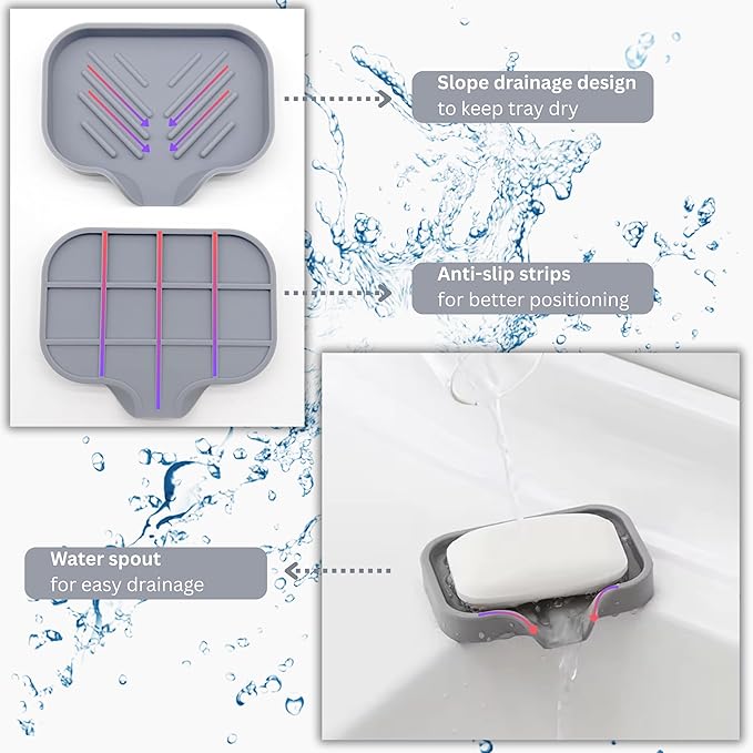 Silicone Soap Tray, Soap Dish with Drain Spout, Bathroom and Kitchen Sink Counter Organizer, Sponge Holder, Tray Perfect for Dispenser, Scrubber, Bottle, Cup on Sink, Tub or Counter - 2 Pack