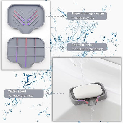 Silicone Soap Tray, Soap Dish with Drain Spout, Bathroom and Kitchen Sink Counter Organizer, Sponge Holder, Tray Perfect for Dispenser, Scrubber, Bottle, Cup on Sink, Tub or Counter - 2 Pack