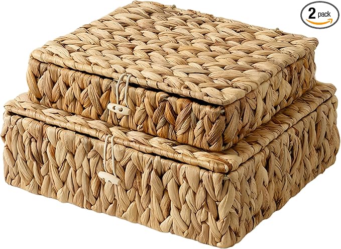 StorageWorks Wicker Basket with Lid, Flat Wicker Storage Bins with Lids, Decorative Storage Boxes with Lids, Water Hyacinth Baskets for Organizing, Woven Basket for Shelves