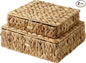 StorageWorks Wicker Basket with Lid, Flat Wicker Storage Bins with Lids, Decorative Storage Boxes with Lids, Water Hyacinth Baskets for Organizing, Woven Basket for Shelves