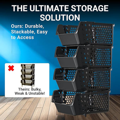 TidyFriend 4 Pack Stackable Storage Bins Open Front for Pantry Organizers and Storage, Plastic Storage Bins, Dorm Room Essentials, Pantry Storage for Snacks, Toiletries, and Small Essentials (Black)