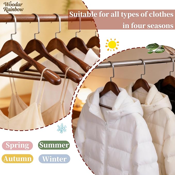Luxury Wide Shoulder Wooden Coat Hangers with Anti Slip Pants Bar, Solid Wood Thick Jacket Hangers Smooth Finish for Sweater Dress Pants Sport Coats (Dark Brown, 6 Pack)