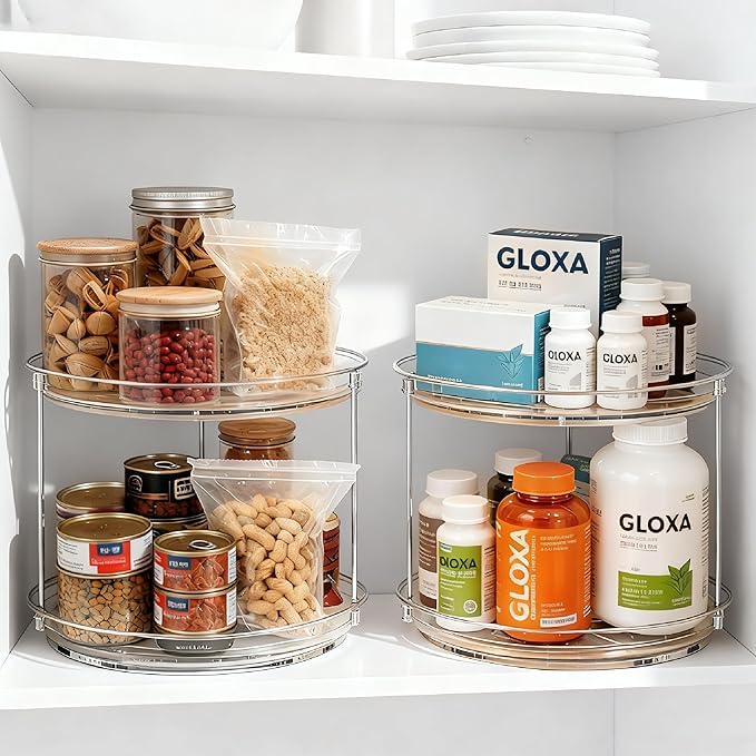 2 Tier Lazy Susan Turntable Organizer for Cabinet, 9.25'' Rotating Spice Rack Organization for Kitchen, Pantry, Bathroom, Vanity, Countertop, Medicine Storage, Seasoning Spice Organizer, 2 Pack