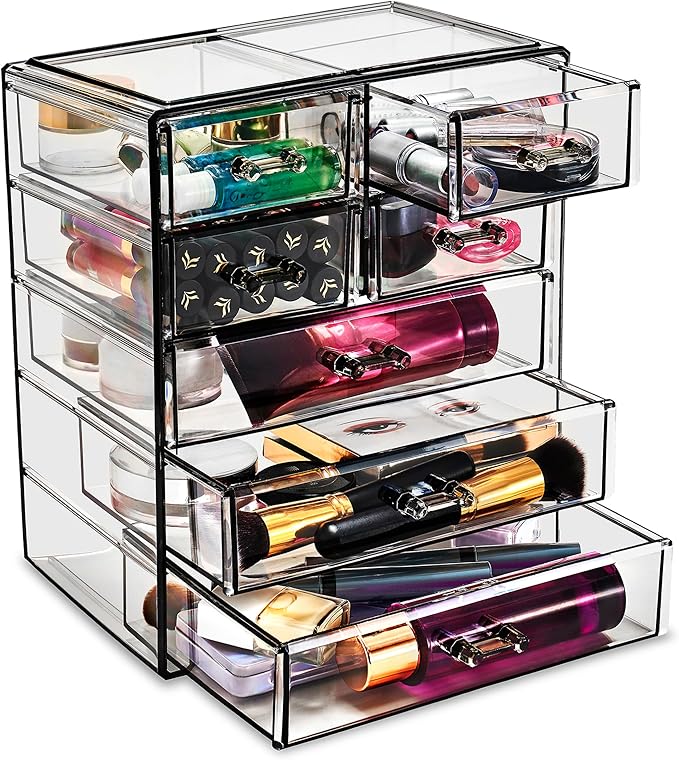 Sorbus Acrylic Makeup Organizer Set, 7-Drawer Vanity & Countertop Cosmetic Storage with Small & Wide Drawers, Black Jewel Makeup Storage for Brushes, Lipsticks, Jewelry, Holiday Gift for Women & Teens