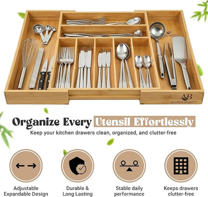 AB Home & Beauty Expandable Bamboo Drawer Organizer for Kitchen Utensils - Adjustable Silverware Organizer, Non-Slip Bamboo Cutlery Tray, Eco-Friendly Kitchen Drawer Storage