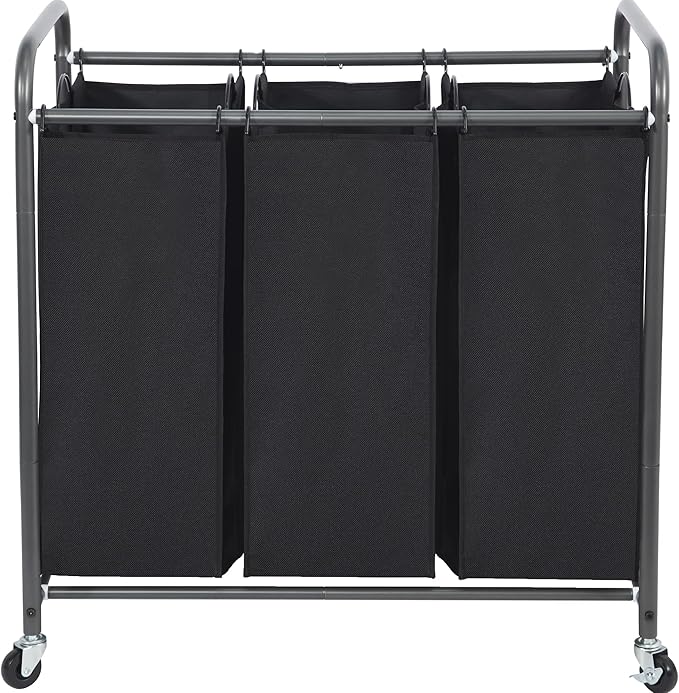 STO STO Laundry Sorter 3 Section, 3 Bag Clothes Hamper, Rolling Laundry Cart Basket with Heavy Duty Lockable Wheels and Removable Bag for Laundry Room, Bedroom, Closet, Black