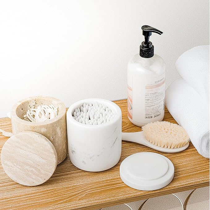 Marble Qtip Holder with Lid Natural Cotton Ball Container for Cotton Swabs,Makeup Sponges,Bath Salt Large Capacity Bathroom Canisters Jars for Countertop Storage and Organization White (WH051)